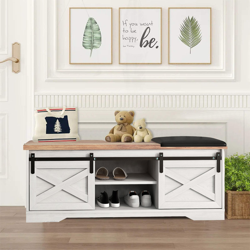 Gracie Oaks 47" Farmhouse Storage Bench with 2 Sliding Barn Doors, Wood